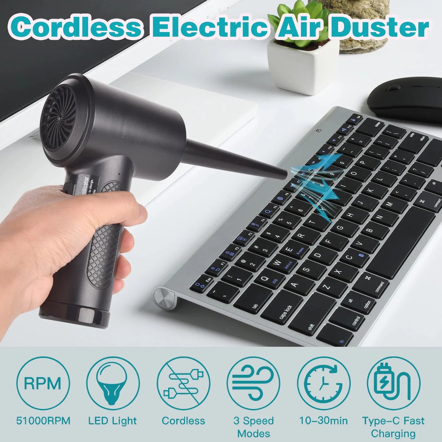 Portable  Cordless Compressed Air Duster with LED light & 6000mAh Rechargeable Battery